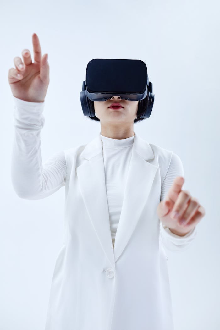 why-choose-us Woman using VR headset, exploring technology in a white setting.