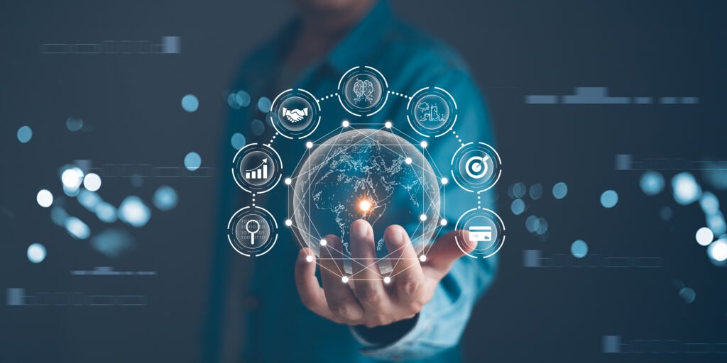 ai information service management. person holds global to plan a