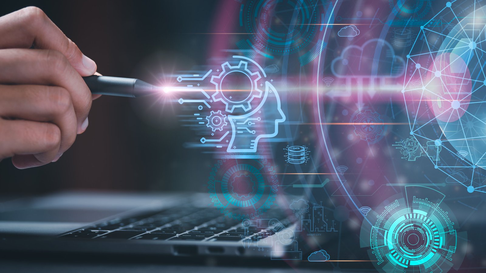 businessman pointing pen to virtual ai icon. future artificial i