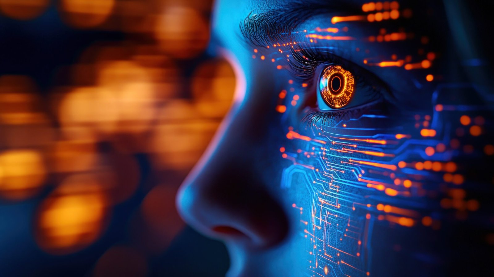 woman's face, circuits, futuristic, bokeh, ai, tech