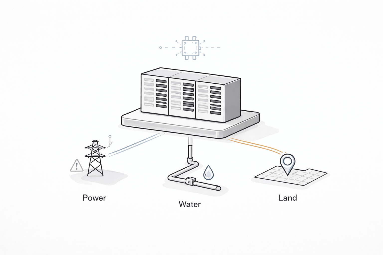 Data center diagram linking AI compute with to power, water, and land constraints