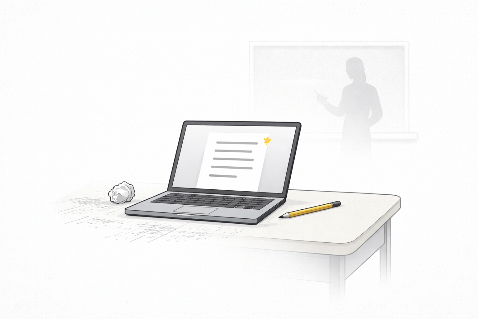 Editorial illustration showing AI producing a first draft on a student laptop, with classroom guidance pushed to the background