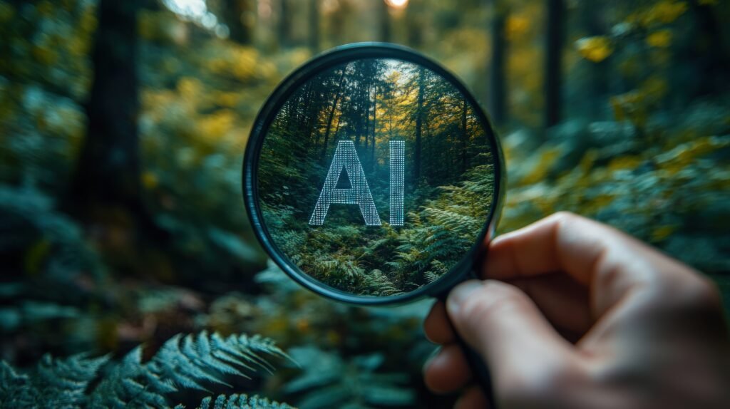 a magnifying glass with the letters ai in focus, revealing a lush forest scene.