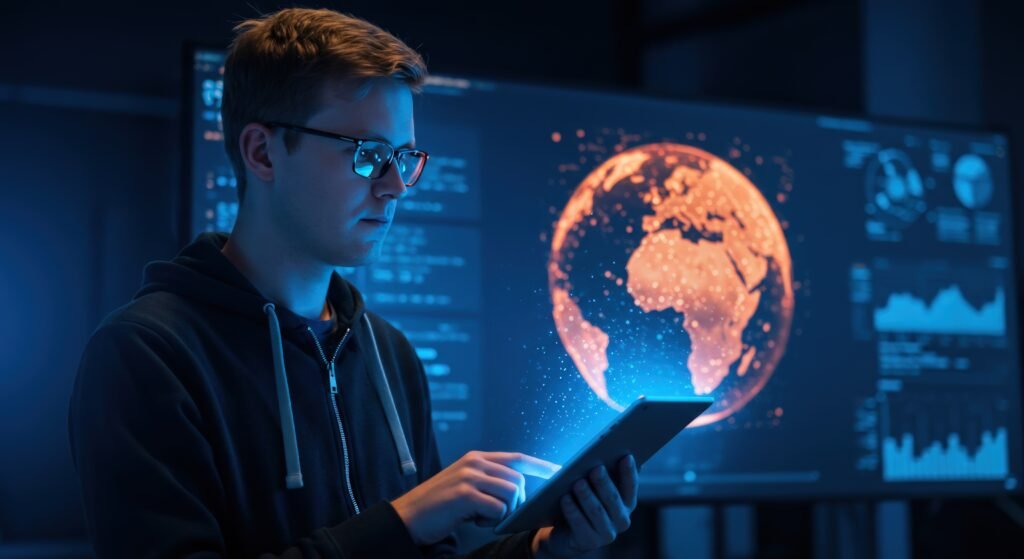 global network technology concept with man using tablet