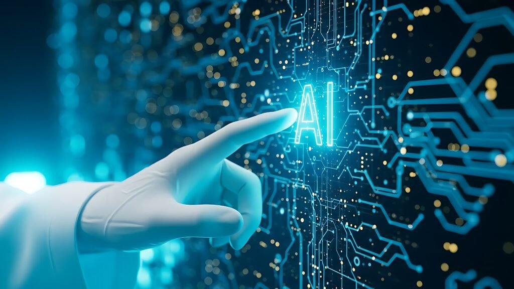 The Environmental Cost of Training Large AI Models vecteezy hand touching a glowing ai symbol on a futuristic circuit 75322104