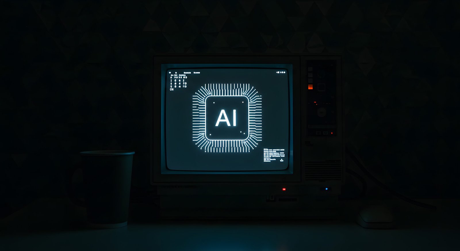 vintage computer monitor displaying artificial intelligence symbol in dark environment
